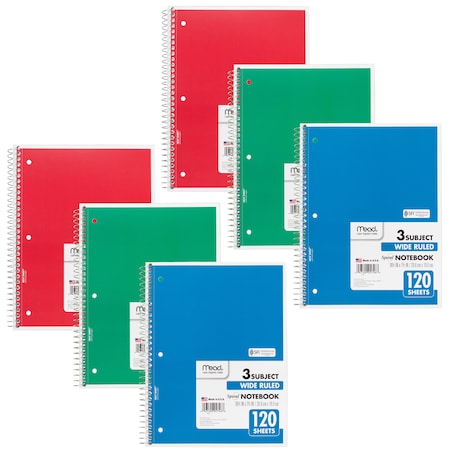 Mead Spiral 3 Subject Notebook, Wide Ruled, 180 Sheets Per Book, PK6 MEA05746